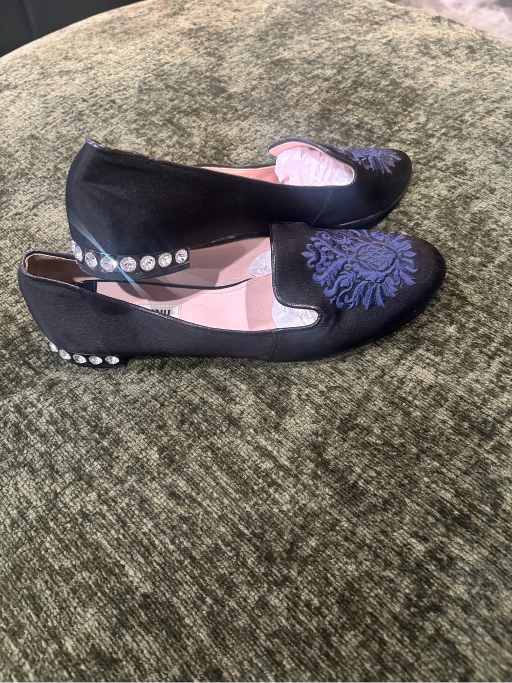 Miu Miu Black Satin Embroidered Crystal Embellished Smoking Flats Size 37.5/7.5
